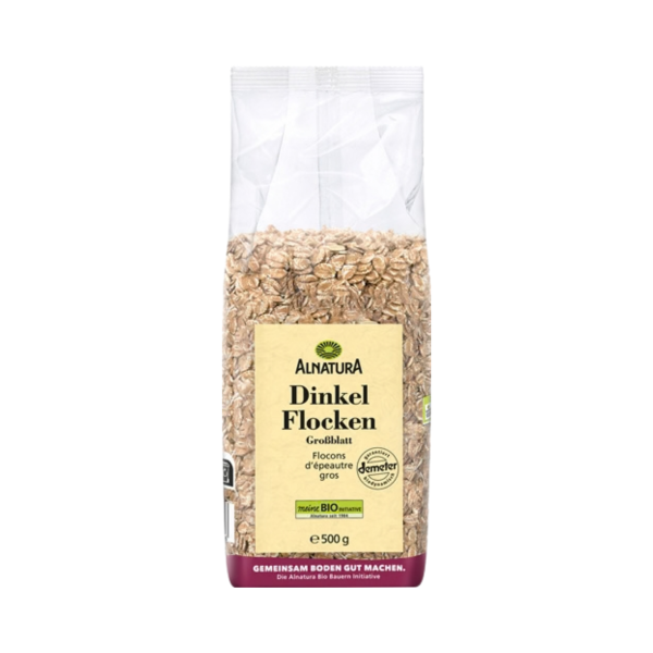 Alnatura Bio Dinkelflocken Großblatt, 500g Produktbild, Vorderseite der Verpackung